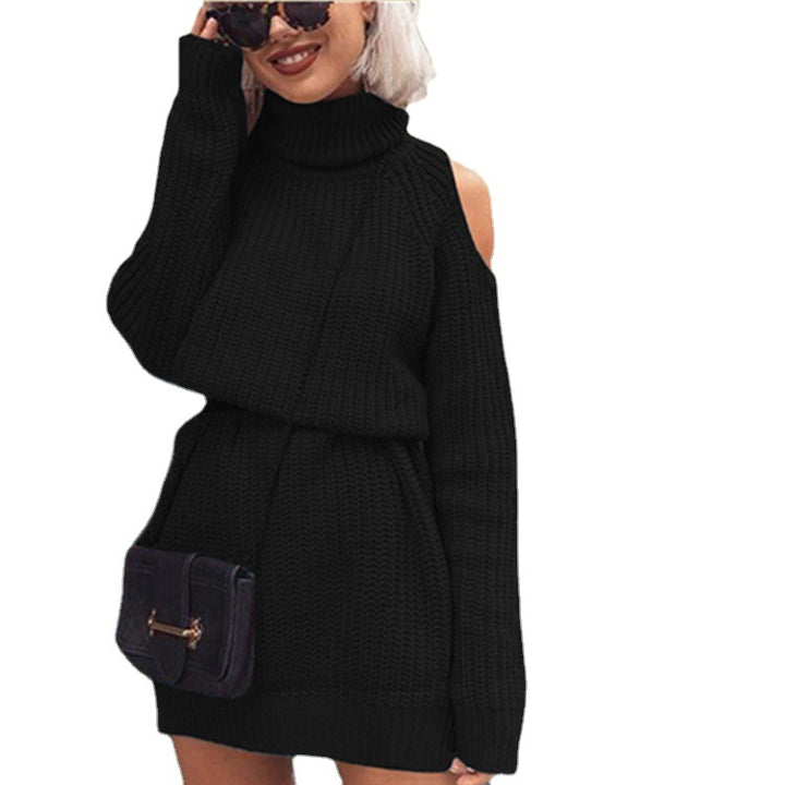 Knitted dress for women with an innovative design featuring off-the-shoulder and a high collar Lune London