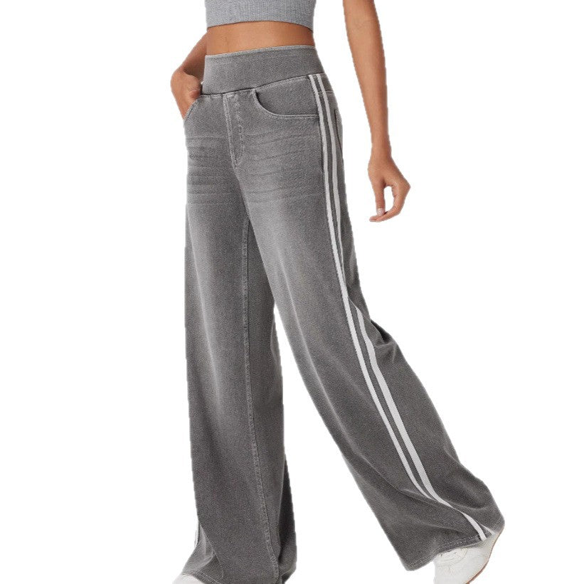 Wide denim pants for women with side stripe and high waist Lune London