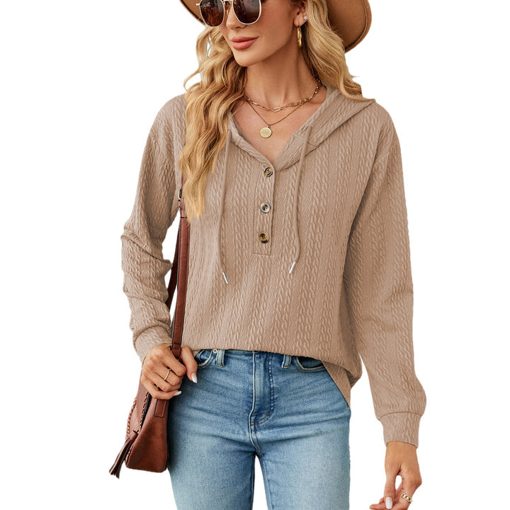 Casual hooded sweatshirt for women with textured surface and button details Lune London