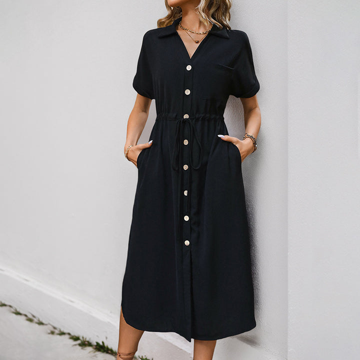 Women short dress with short sleeves, button placket and adjustable belt Lune London