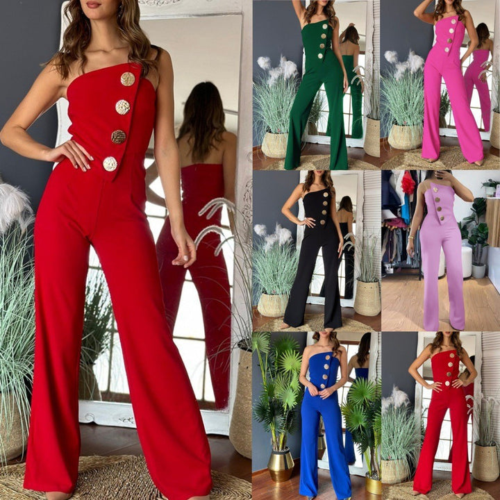 Ladies Elegant jumpsuit with off-shoulder design and decorative buttons Lune London