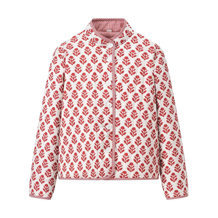 Quilted bomber jacket for women with floral pattern and practical buttons Lune London