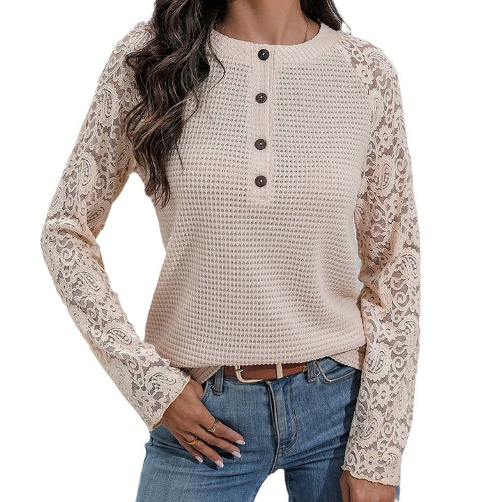 Long sleeve lace shirt for women with button details and textured front Lune London