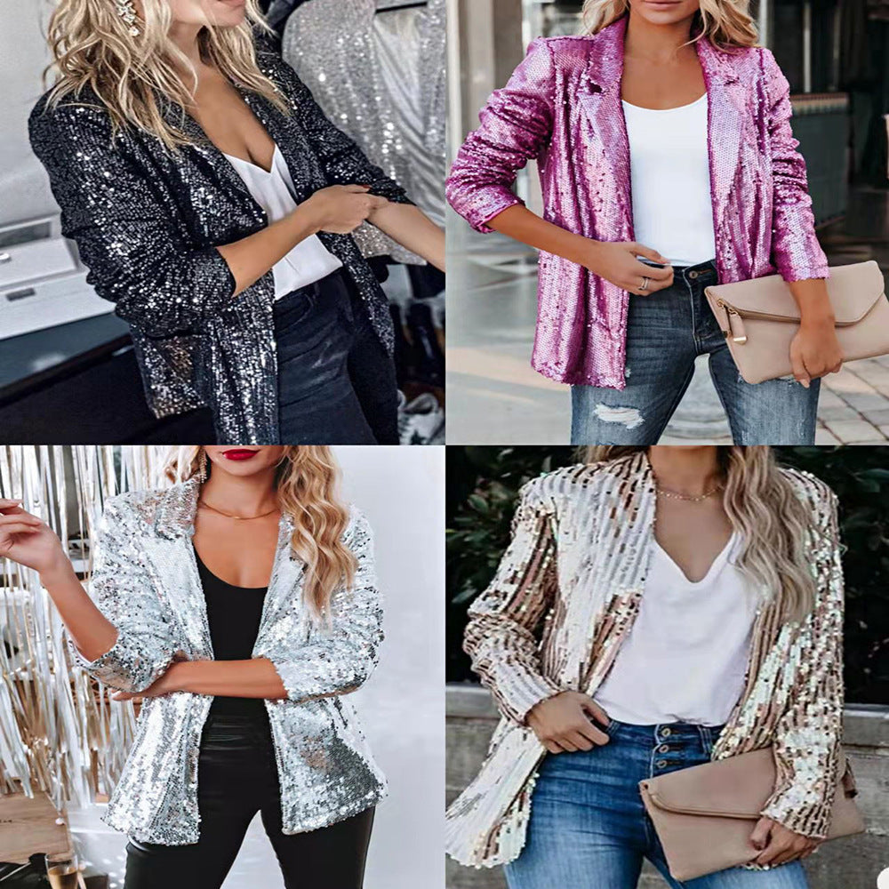 Ladies Glamorous Blazer Jacket with Sequin Trim and Long Sleeve Lune London