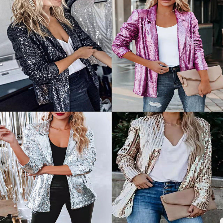 Ladies Glamorous Blazer Jacket with Sequin Trim and Long Sleeve Lune London
