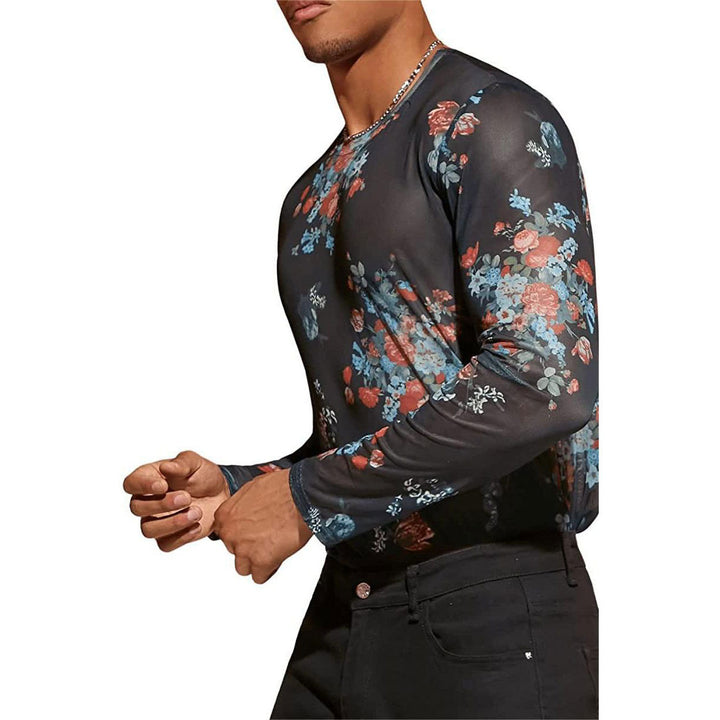 Men Long Sleeve T-shirt with Floral Pattern and Sheer Fabric Lune London