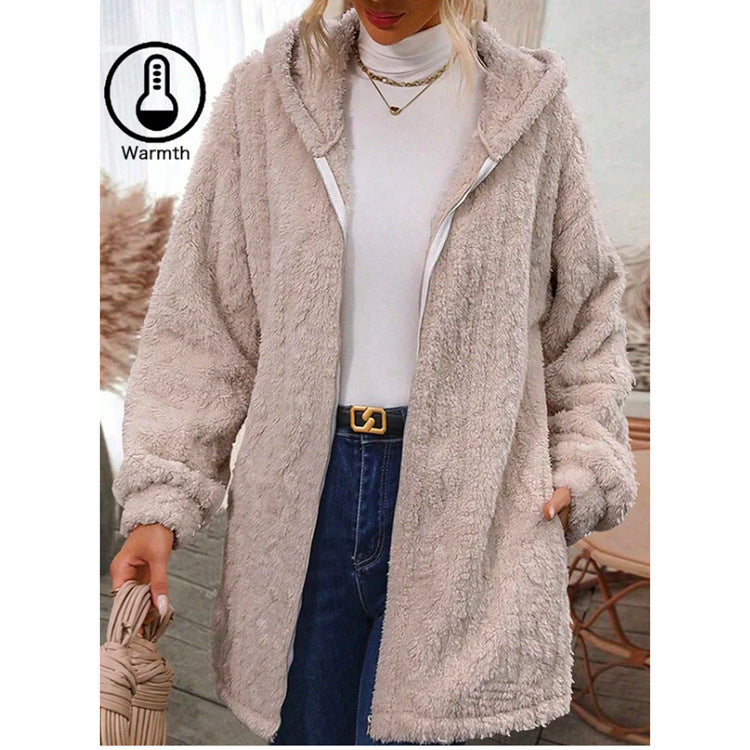 Women Plush Hooded Jacket with Deep Collar and Side Pockets Lune London