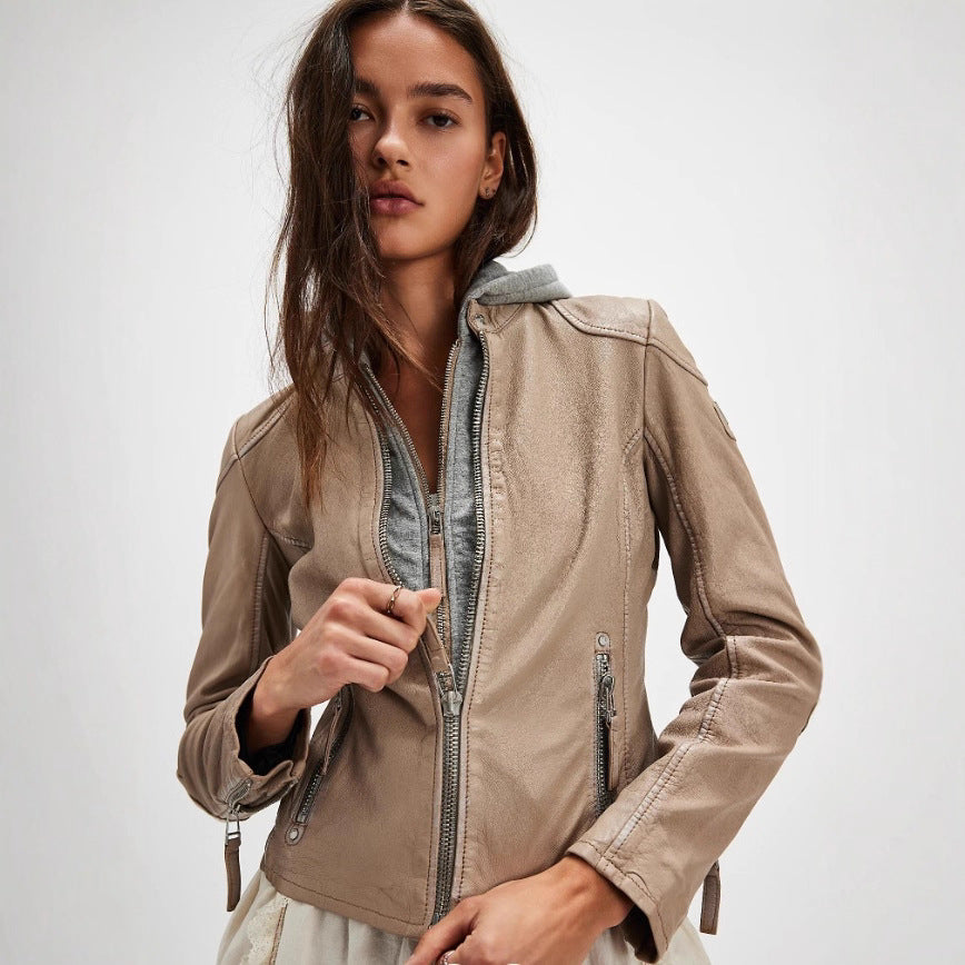 Ladies stylish leather jacket with removable hood Lune London