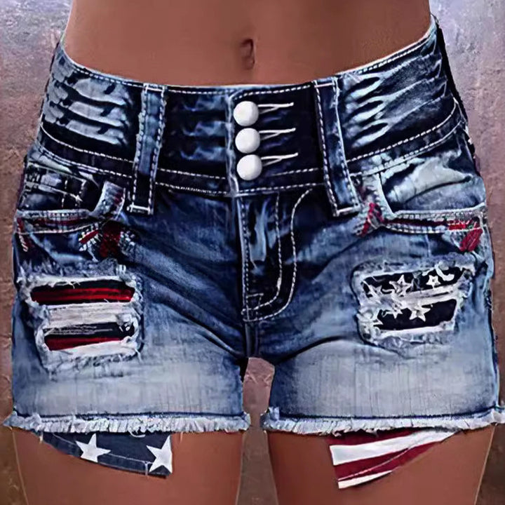 Women's cargo shorts with stylish tear details and patriotic applications Lune London