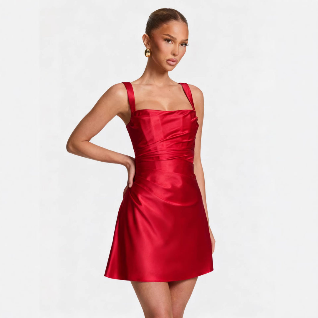 Ladies Elegant Cocktail Dress with Chic Square Neckline and Flowing Satin