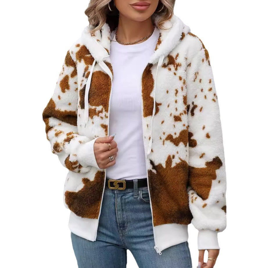 Women's plush jacket with animal print and practical pockets Lune London
