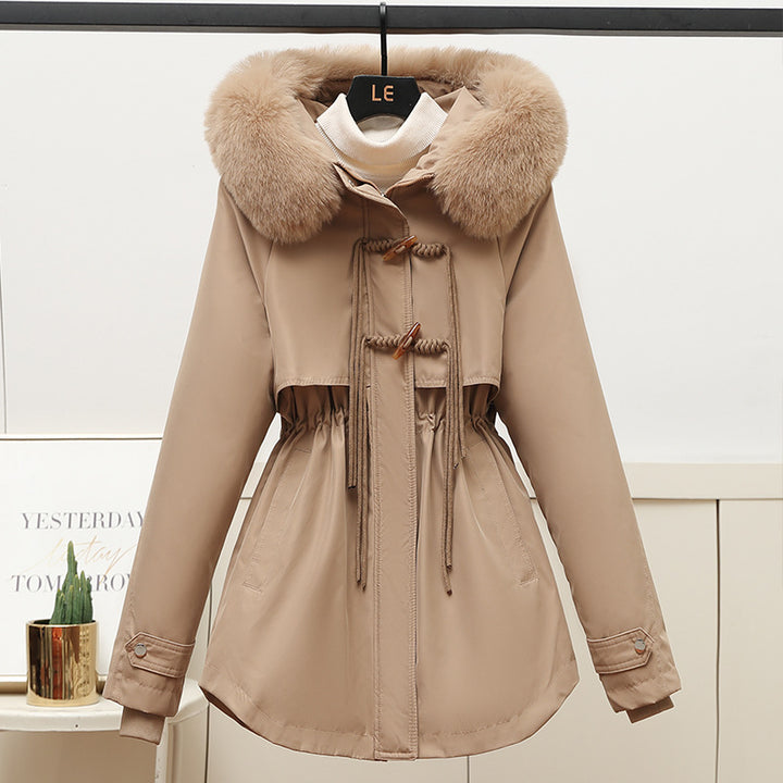 Ladies winter down jacket with a removable faux fur collar and a drawstring waist Lune London