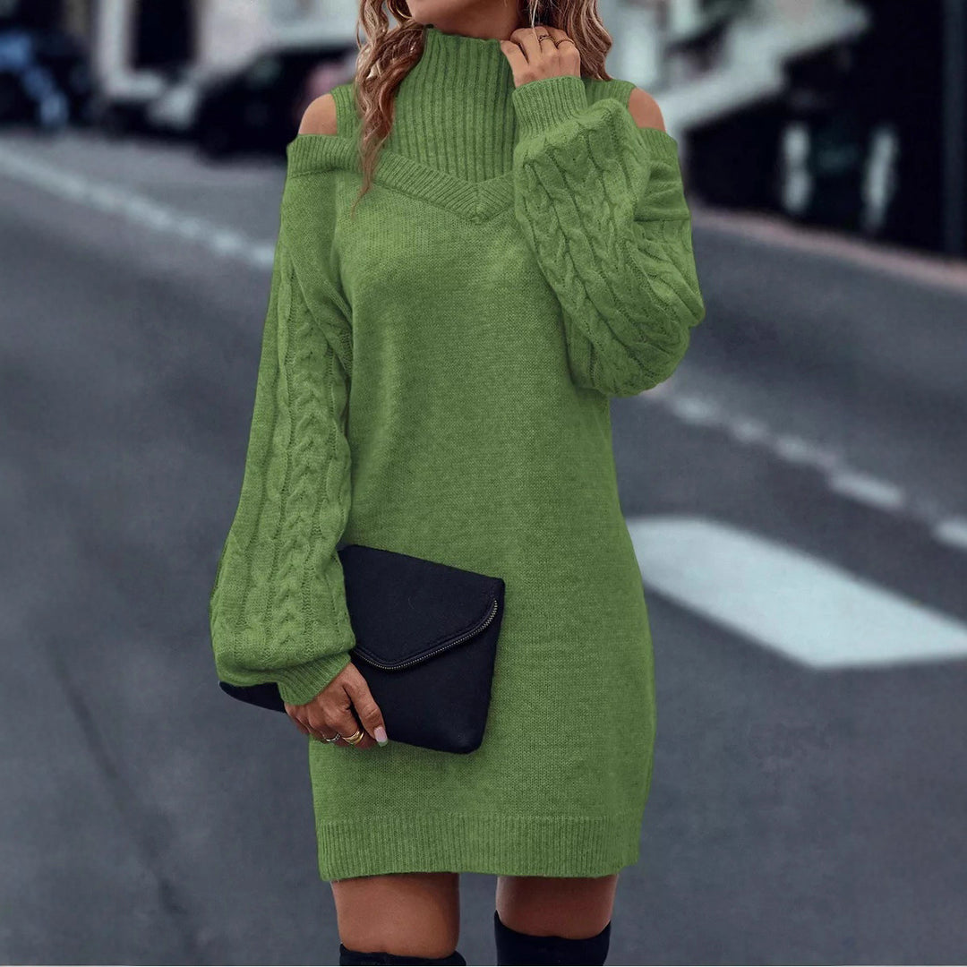 Knit dress for women with off-the-shoulder design and structured high collar Lune London