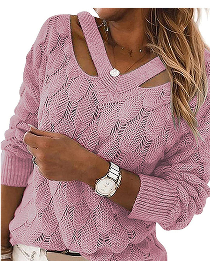 Knitted sweater for women with V-neck and refined ribbed structure Lune London