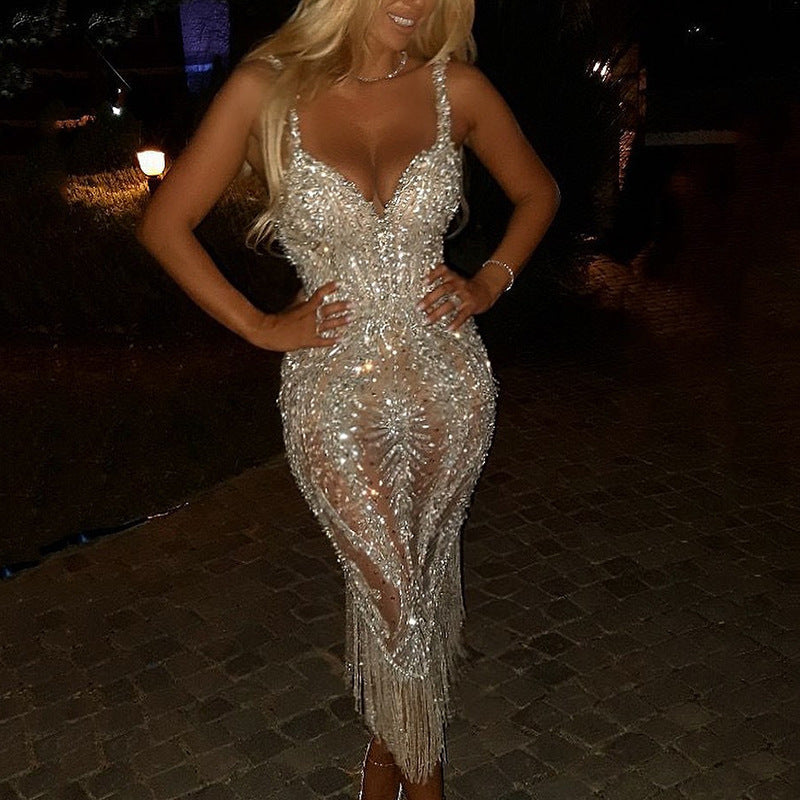 Ladies Glamorous Evening Dress with Sparkling Sequins and Fringes Lune London