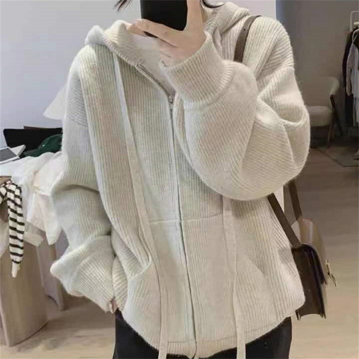 Hooded jacket for women with a trendy ribbed knit design and practical pockets Lune London