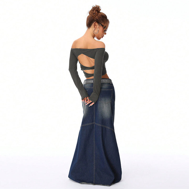 Haut court femmes à épaules dénudées avec manches longues et silhouette ajustée Chic & Stil