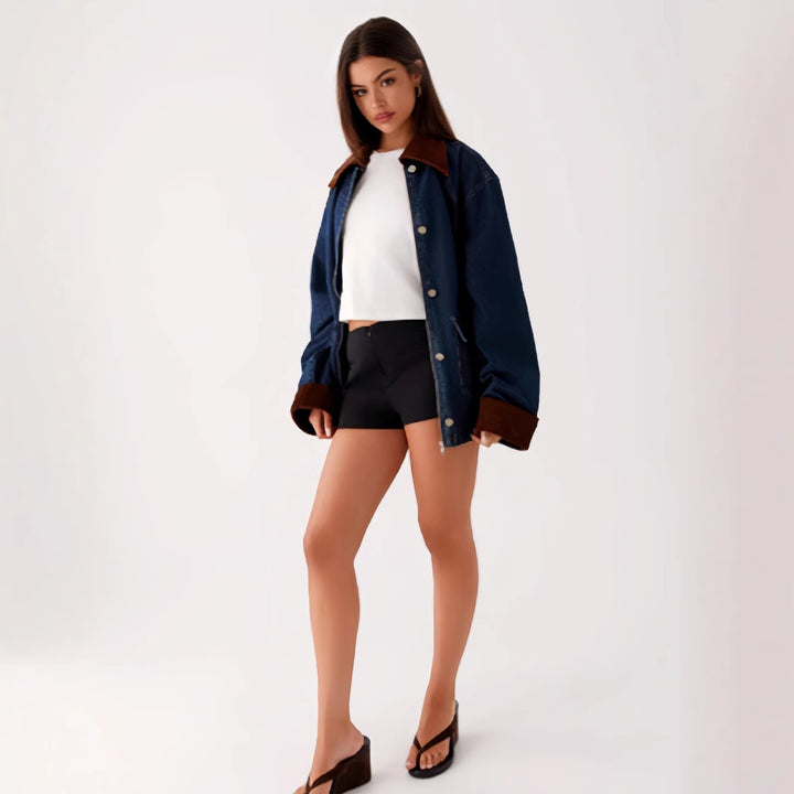 Denim jacket for women with hood and contrast sleeves Lune London