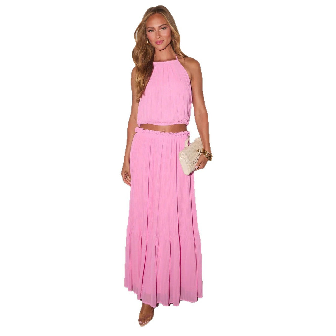 Women's Pleated Two-Piece Set with Crop Top and Elegant Maxi Skirt Lune London