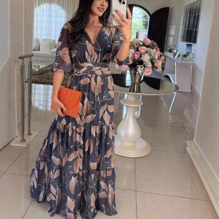 Maxi dress for women with colorful leaf pattern and fitted belt Lune London