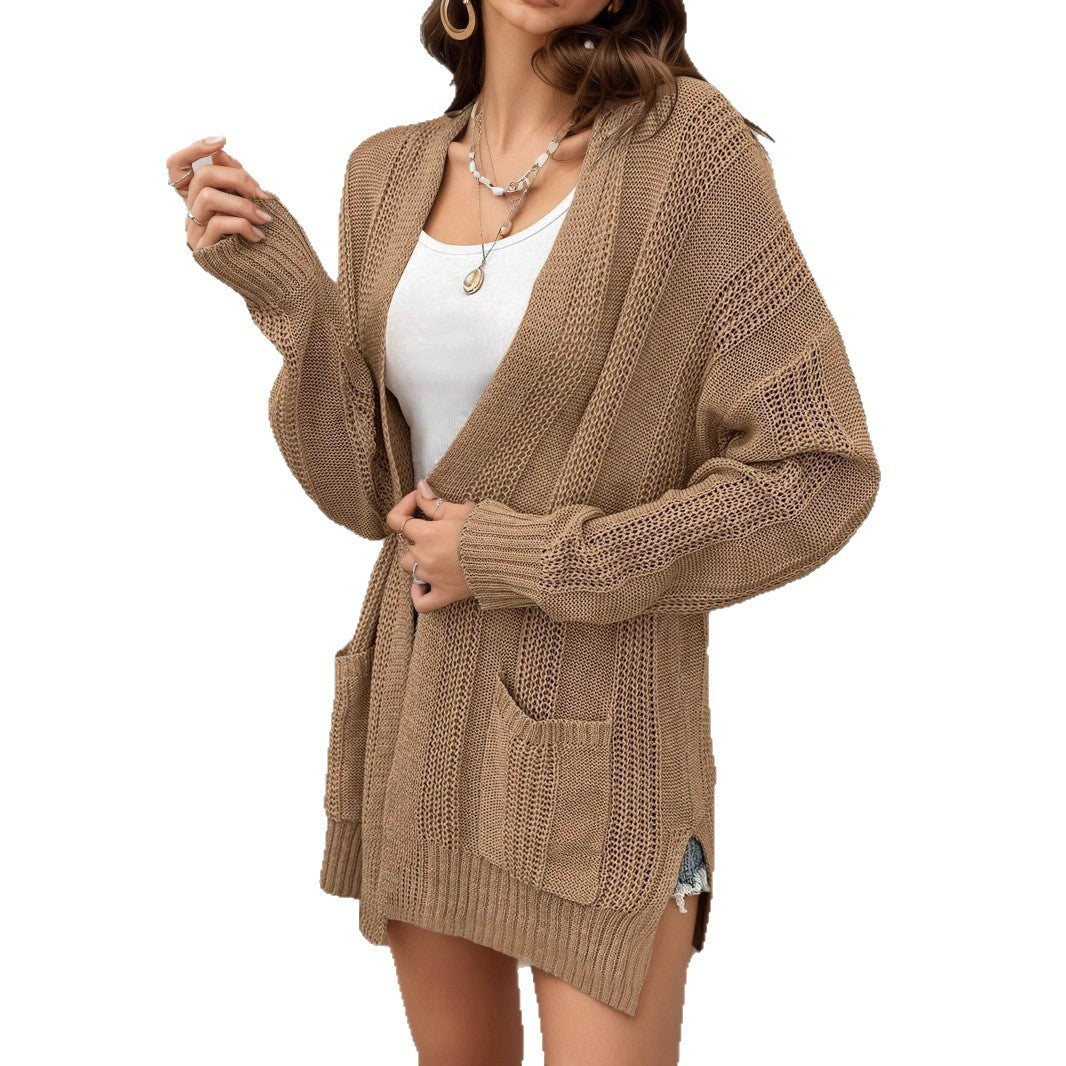 Ladies lightweight knitted cardigan with open front and practical pockets Lune London