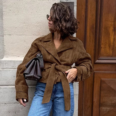 Suede leather trench coat for women with tie belt and wide lapels Lune London