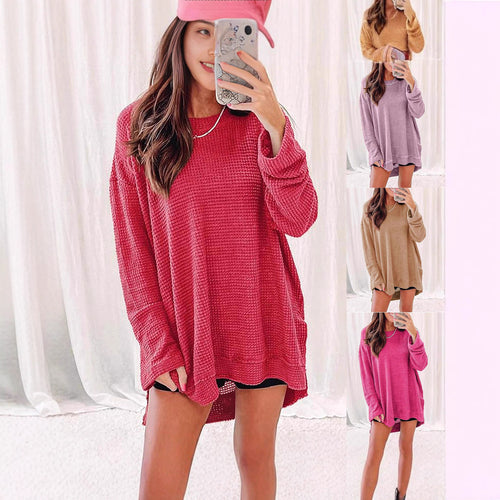 Waffle knit long sleeve sweater for women with open cut and side slits Lune London