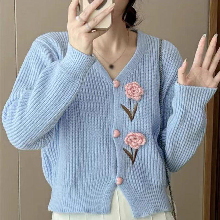 Knitted women’s jacket with floral appliqués Lune London