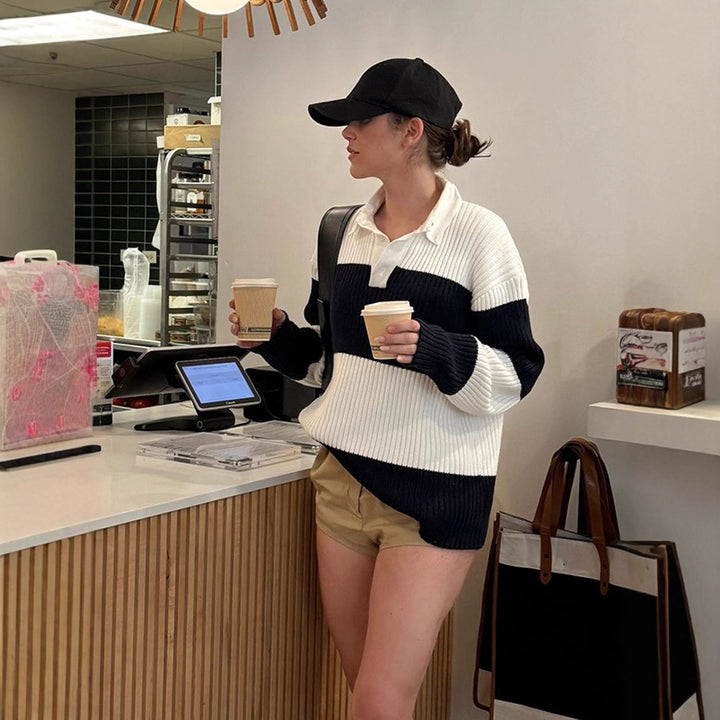 Women Sporty Sweater with Collar and Block Stripes Lune London