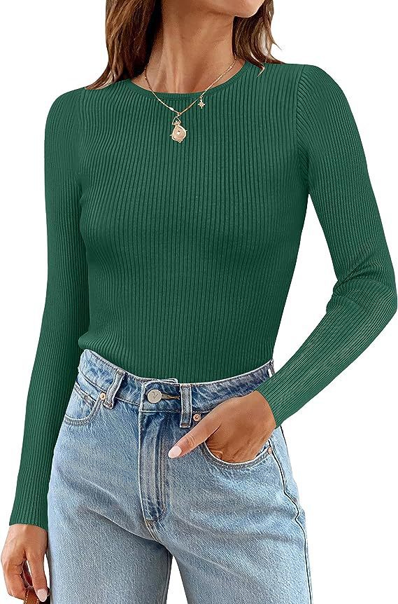 Woman Long Sleeve Ribbed Top with Classic Round Neck and Fitted Cut Lune London