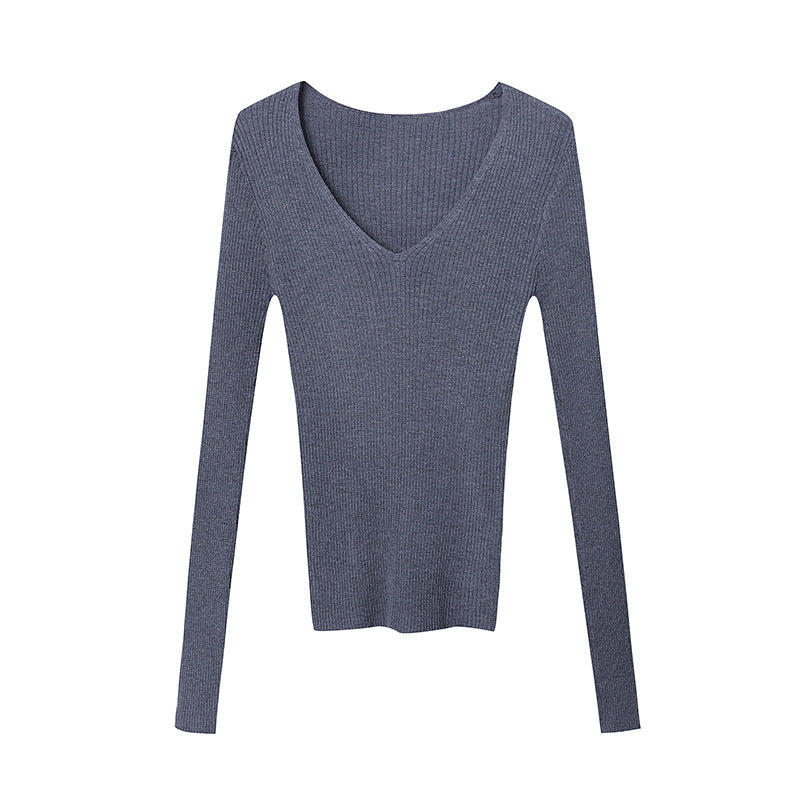 Women's fine rib long sleeve shirt with V-neck Chic & Stil