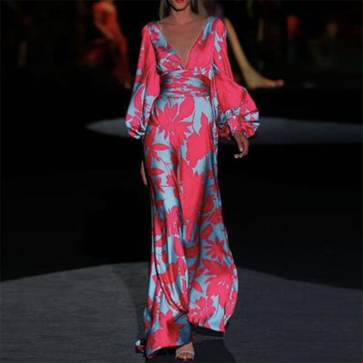 Maxi dress for women with deep V-neck and voluminous sleeves Lune London