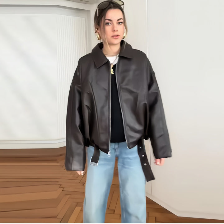 Oversized synthetic leather jacket for women with casual fit Lune London