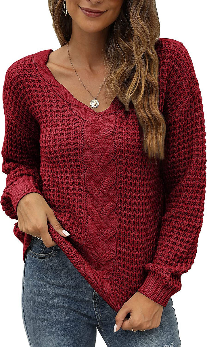 Casual knit pullover for women with deep V neckline and detailed cable pattern Lune London