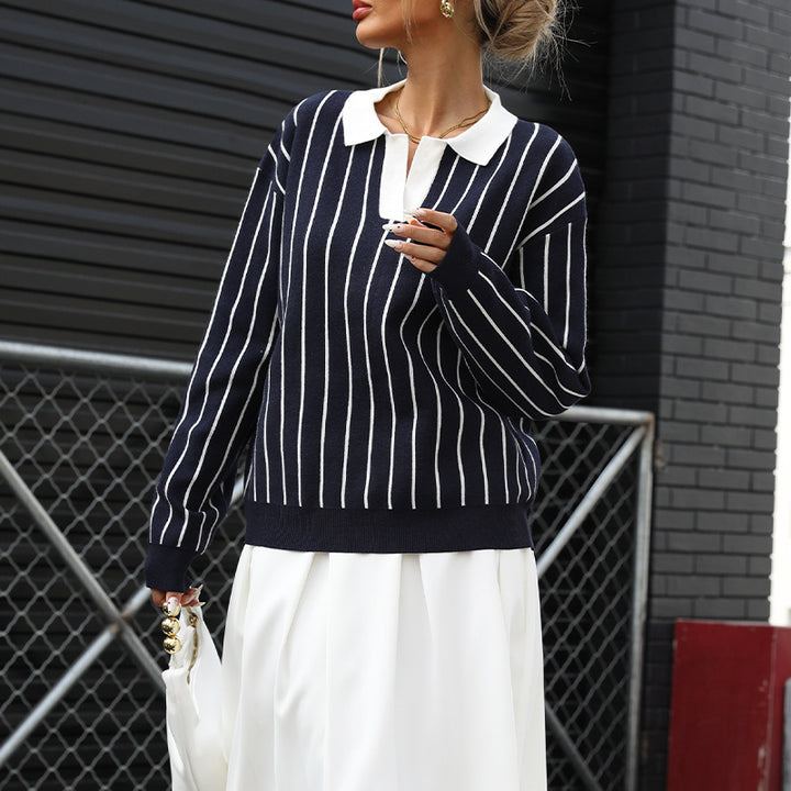 Knit sweater for ladies with elegant collar and striped pattern Lune London