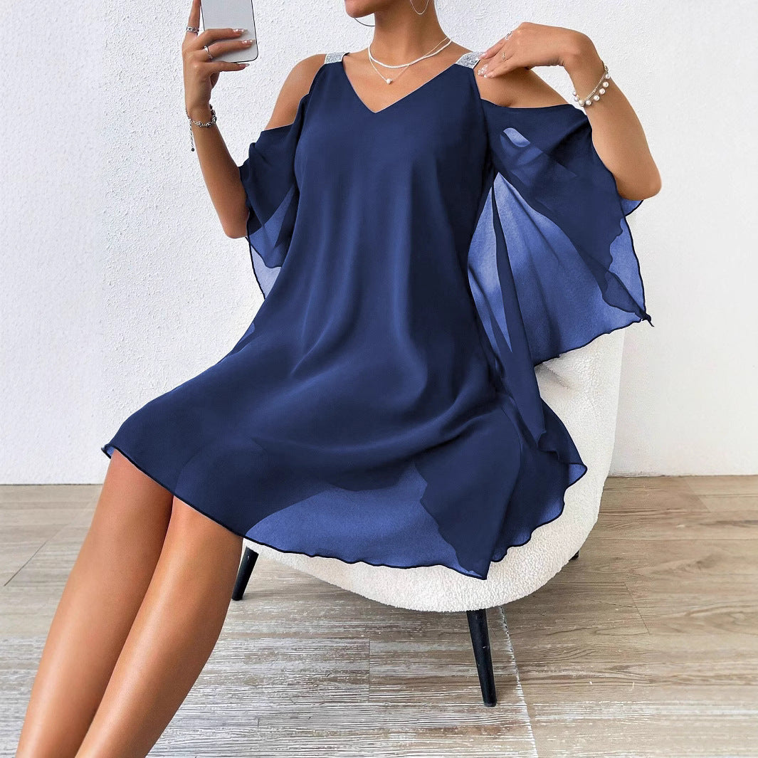 Chiffon off-the-shoulder dress for women with sparkling straps Lune London