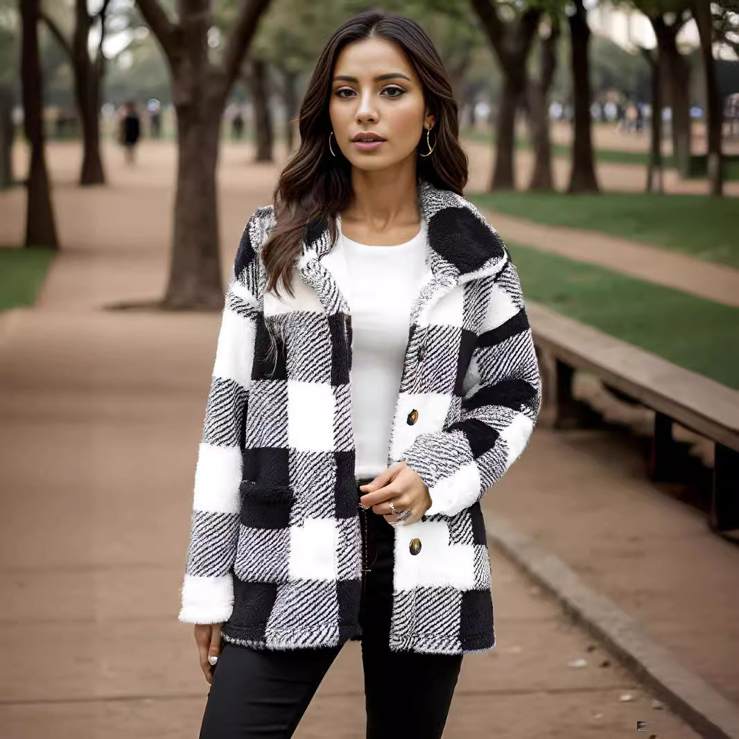 Ladies Kawaii Clothing Checkered Jacket with Snap Closure and Side Pockets Lune London