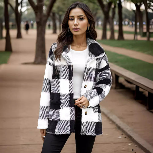 Ladies Kawaii Clothing Checkered Jacket with Snap Closure and Side Pockets Lune London
