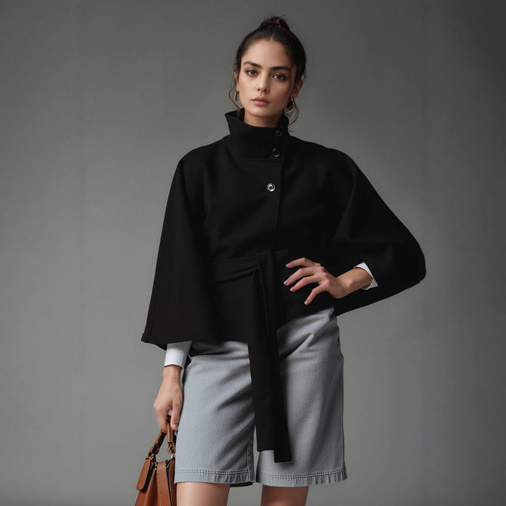 Ladies modern Cape-jacket with removable belt and high collar Lune London