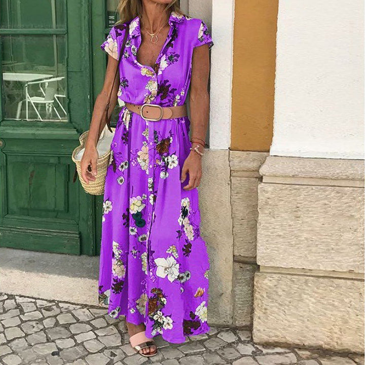 Maxi dress for women with floral pattern and elegant waist belt Lune London