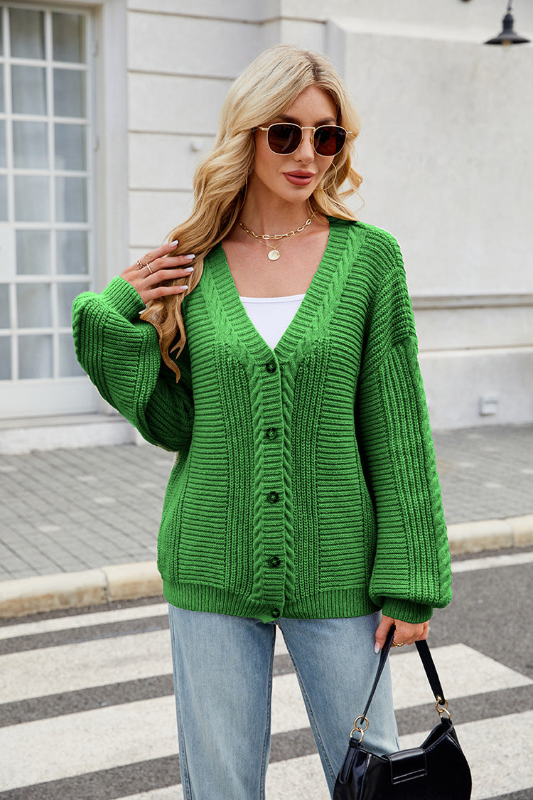 Ladies stylish knitted jacket with V-neck and button placket Lune London