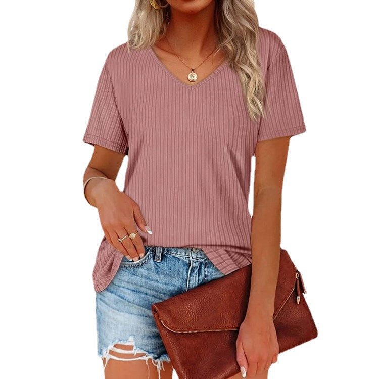 Viscose T-shirt for women with a fine ribbed knit pattern and a casual V-neck Lune London