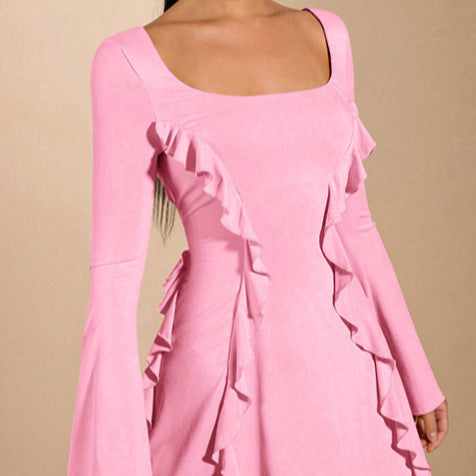 Elegant ruffled dress for women with deep neckline and long sleeves Lune London