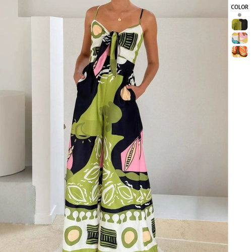 Chic & Stylish Women's Elegant Jumpsuit with Playful Tie-Dye Pattern and Side Tie Belt