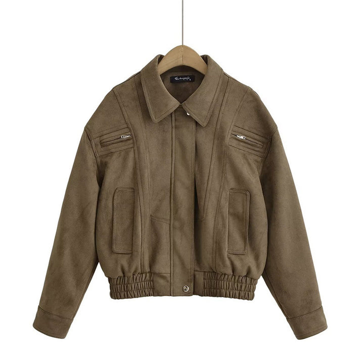 Veste en daim tendance pour femmes avec taille élastique et poches zippées sur les côtés Lune London