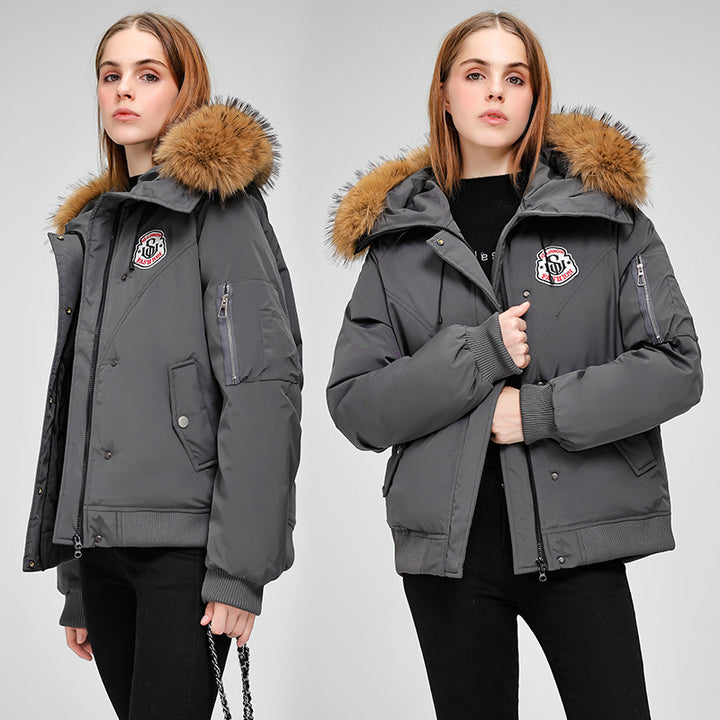 Ladies Puffer Sport Jacket with Removable Faux Fur Collar and Practical Chic Style Pockets