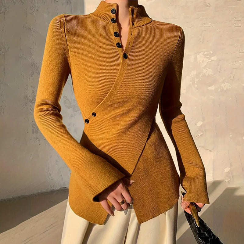 Knitted blouse for ladies with asymmetric cut and button details Lune London