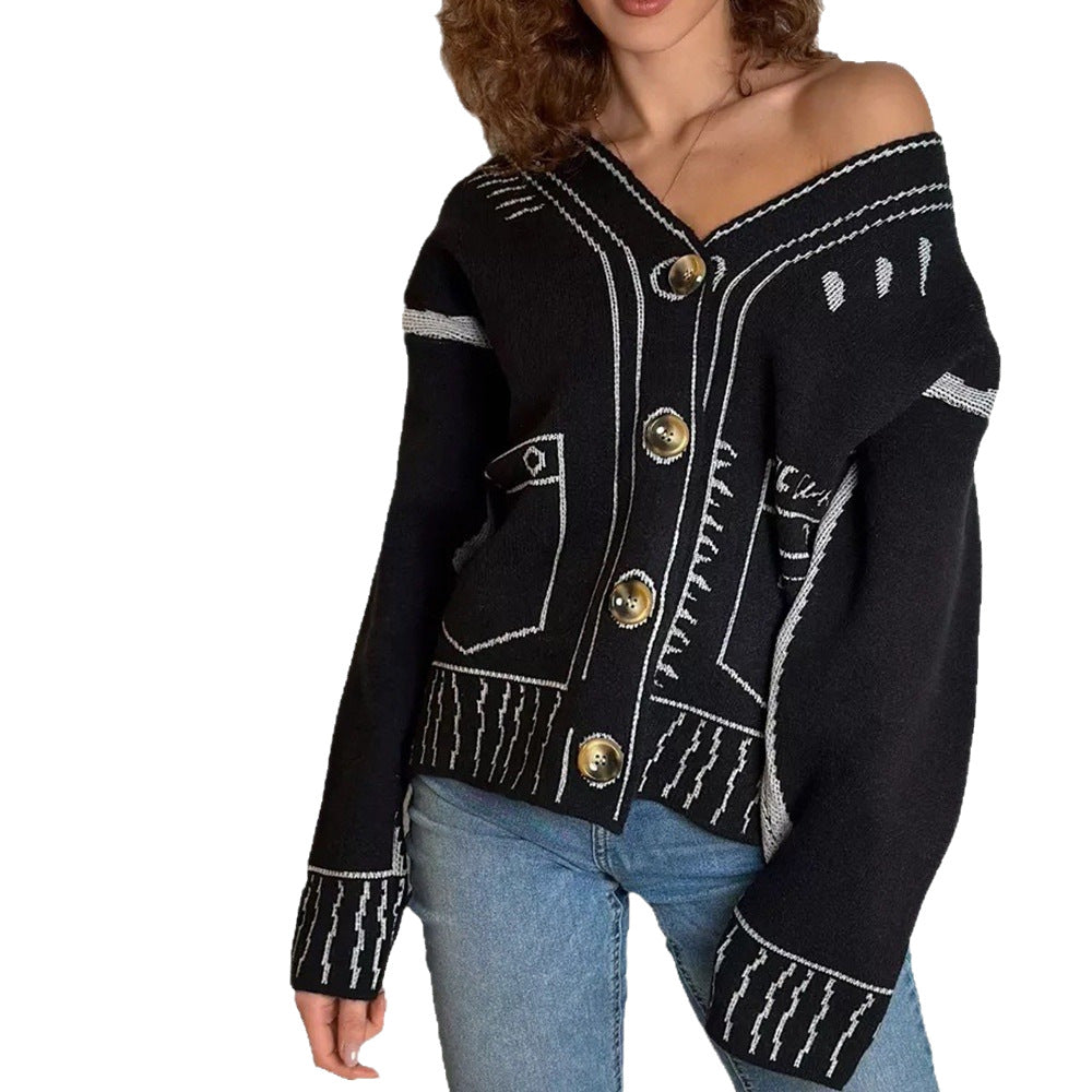 Cardigan pour femmes en tricot lâche avec un design élaboré et de grands boutons Chic & Stil