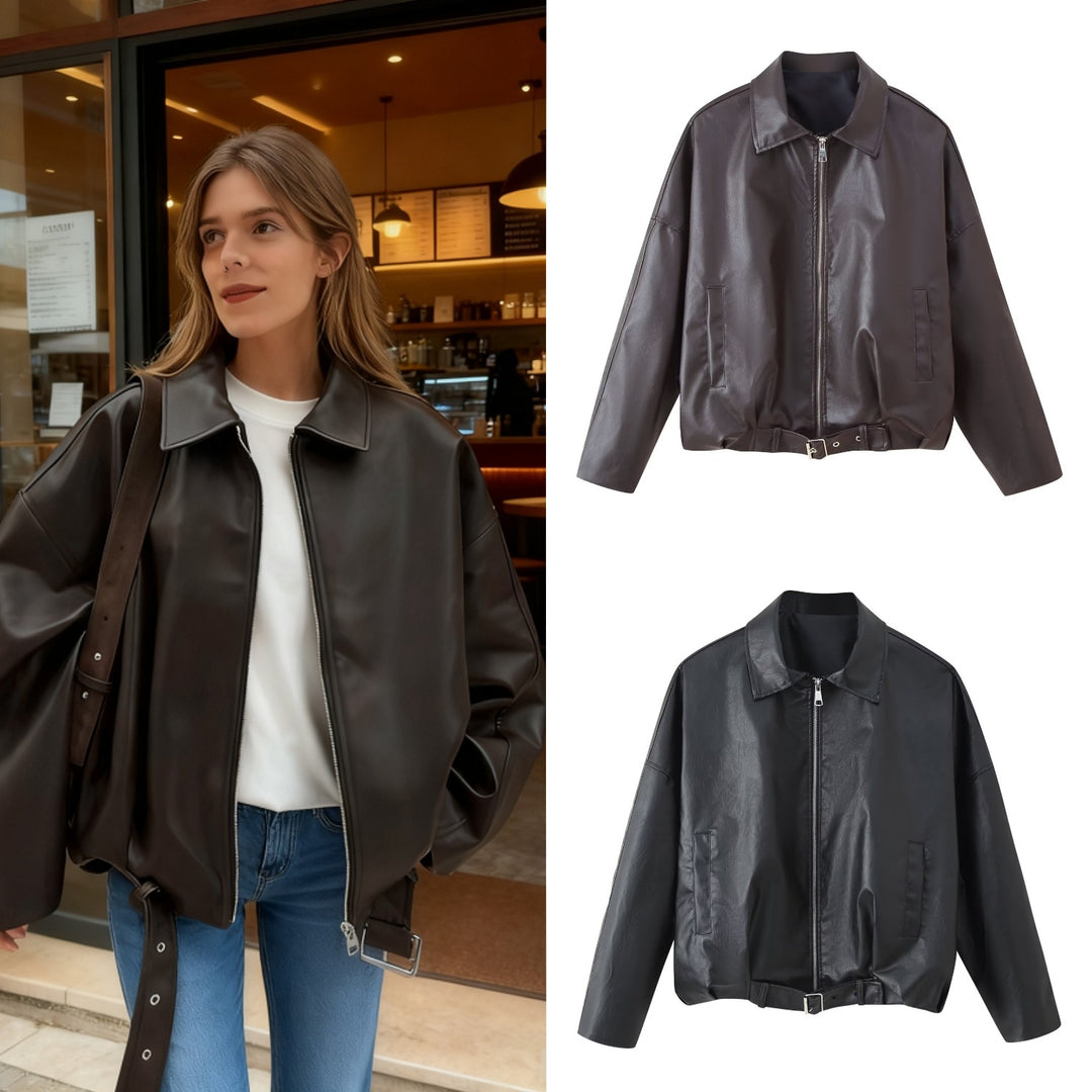 Faux leather jacket for women with high collar and practical pockets Lune London