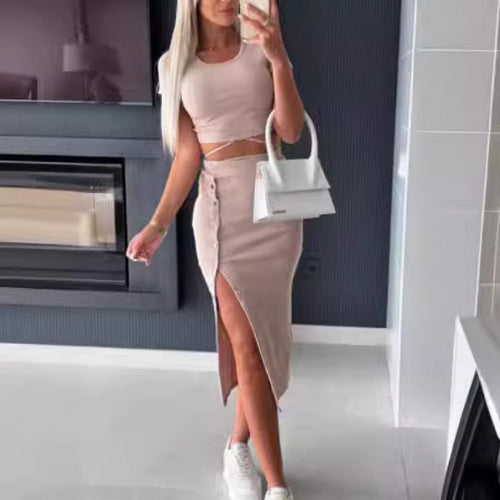 Women Ribbed Crop Top and Buttoned Midi Skirt Set Lune London